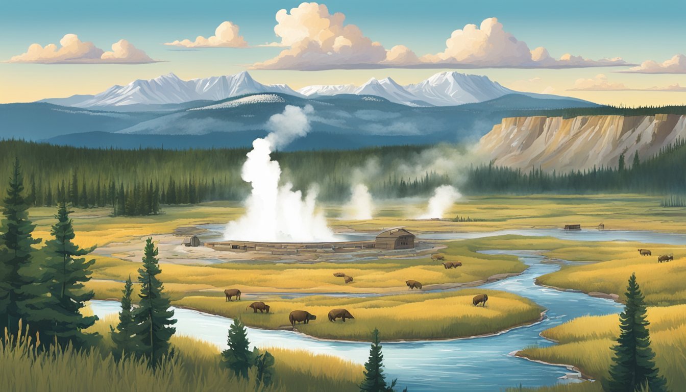 Yellowstone's vibrant landscape with wildlife, geysers, and mountains, surrounded by small towns and tourist activities, showcasing the impact on Montana's economy and environment