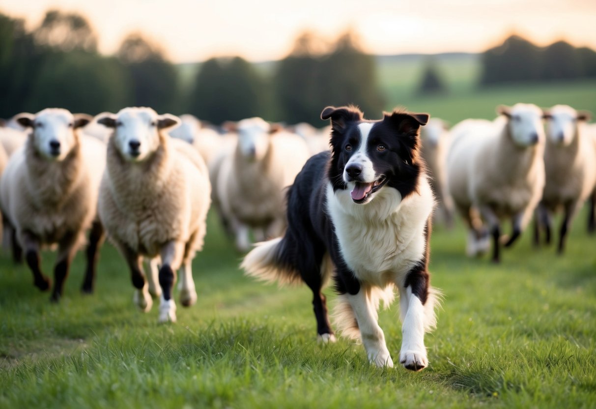 A border collie herding sheep through a field, demonstrating intelligence and skill in their role as a smart and capable working dog