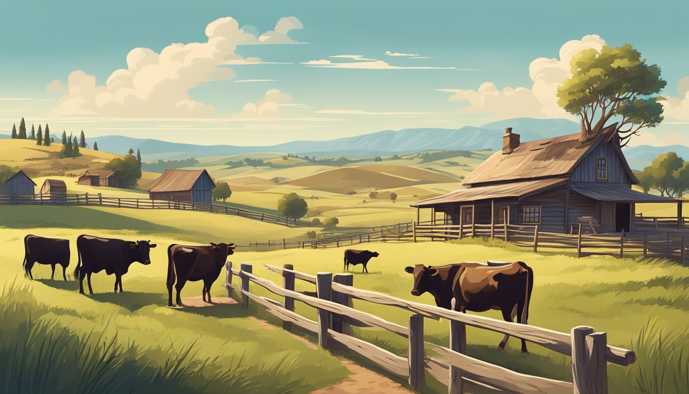 A rustic ranch landscape with a wooden signpost, rolling hills, and a grazing herd of cattle under a big blue sky