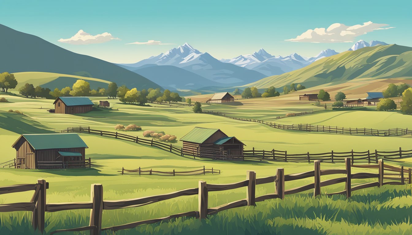 A sprawling ranch landscape with rolling hills, grazing cattle, and a rustic wooden fence, set against a backdrop of mountains and a clear blue sky