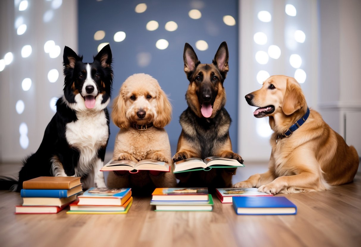 A border collie, poodle, and German shepherd sit together, surrounded by books and solving puzzles. A golden retriever observes from the sidelines
