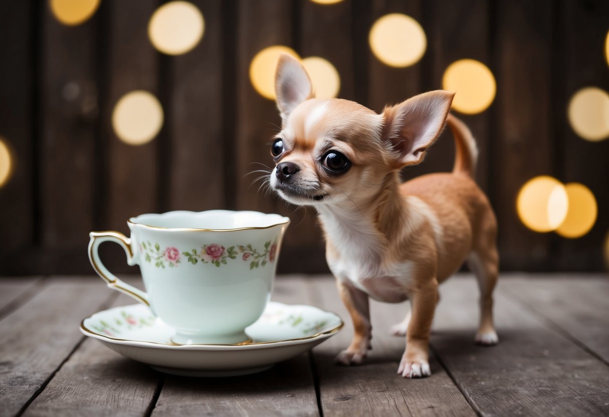 A tiny chihuahua stands next to a teacup, looking up with big, curious eyes