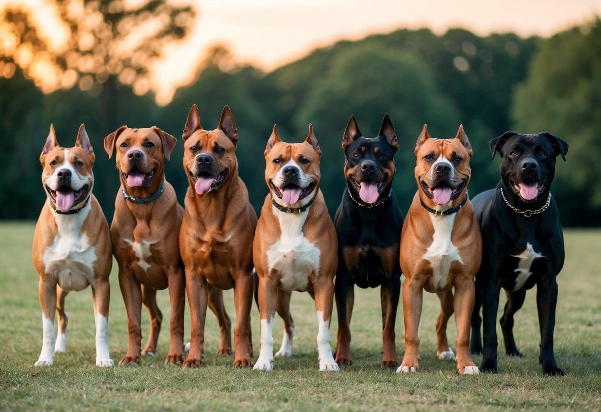 A pack of 10 powerful dog breeds standing together, showcasing their strength and muscular build