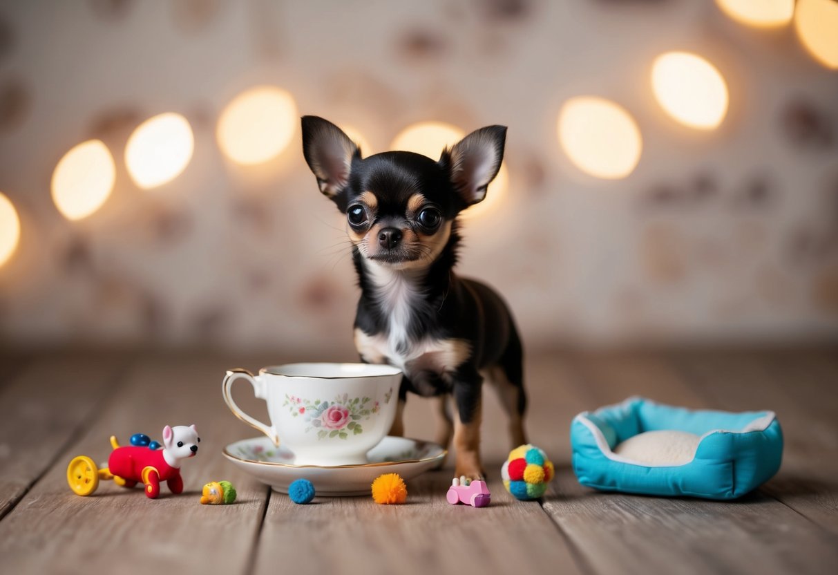 A tiny Chihuahua stands next to a teacup, surrounded by small toys and a miniature dog bed