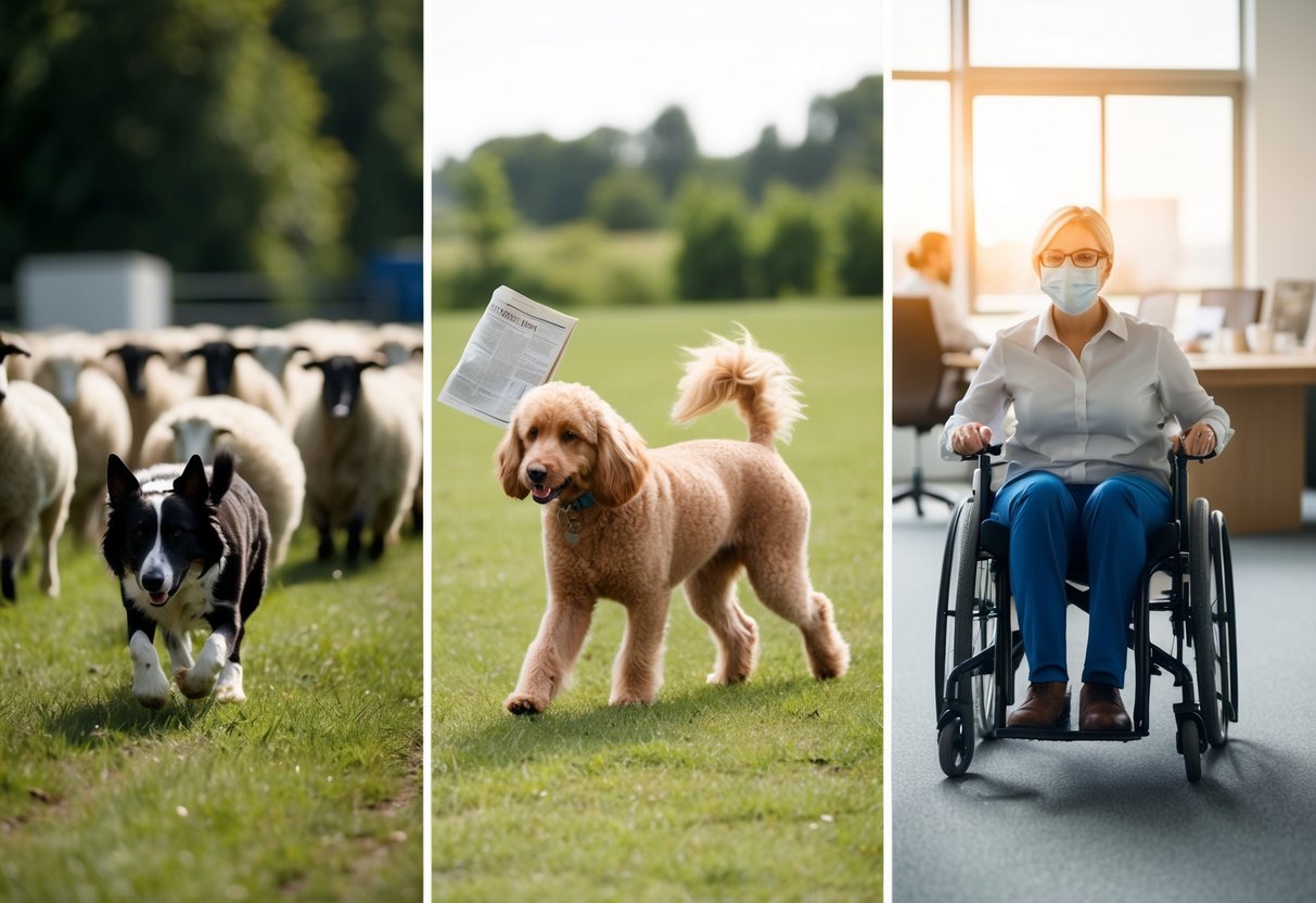 A border collie herding sheep on a farm, a poodle fetching a newspaper in a suburban yard, and a golden retriever assisting a person in a wheelchair at an office