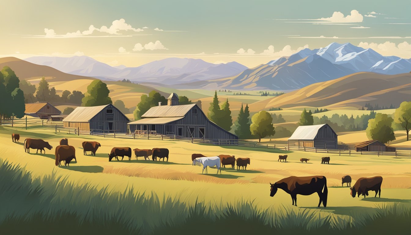 A sprawling ranch landscape with grazing animals, a rustic homestead, and a backdrop of rolling hills and mountains