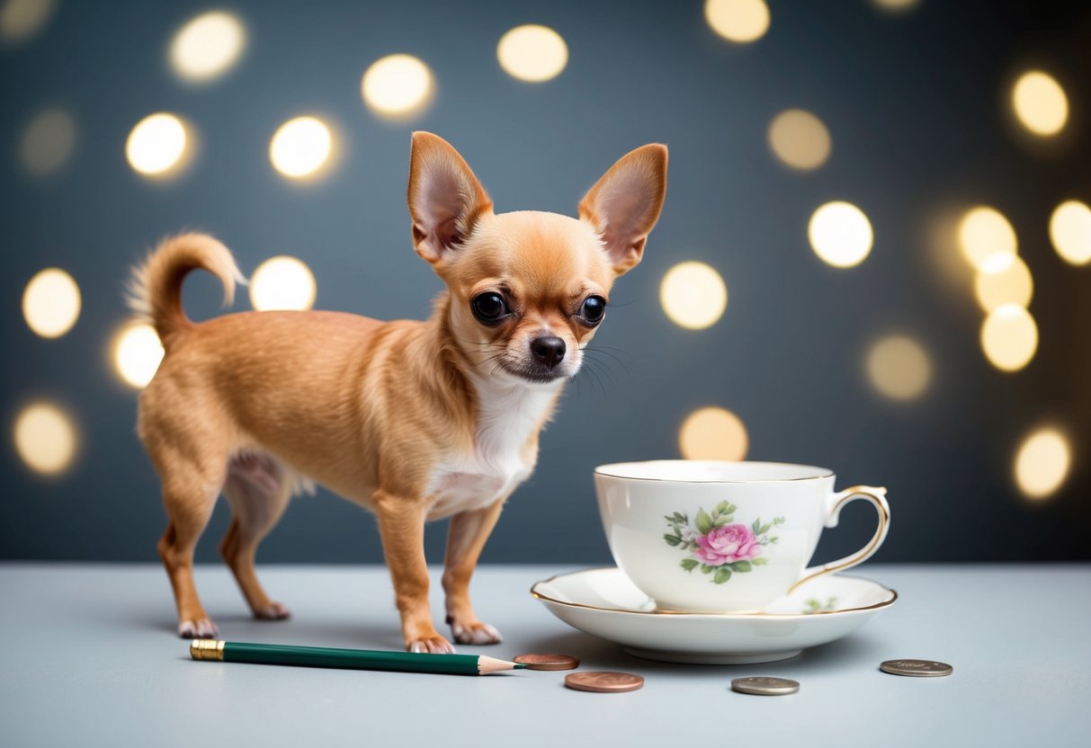 A Chihuahua standing next to a teacup, surrounded by small objects like a coin and a pencil for size comparison