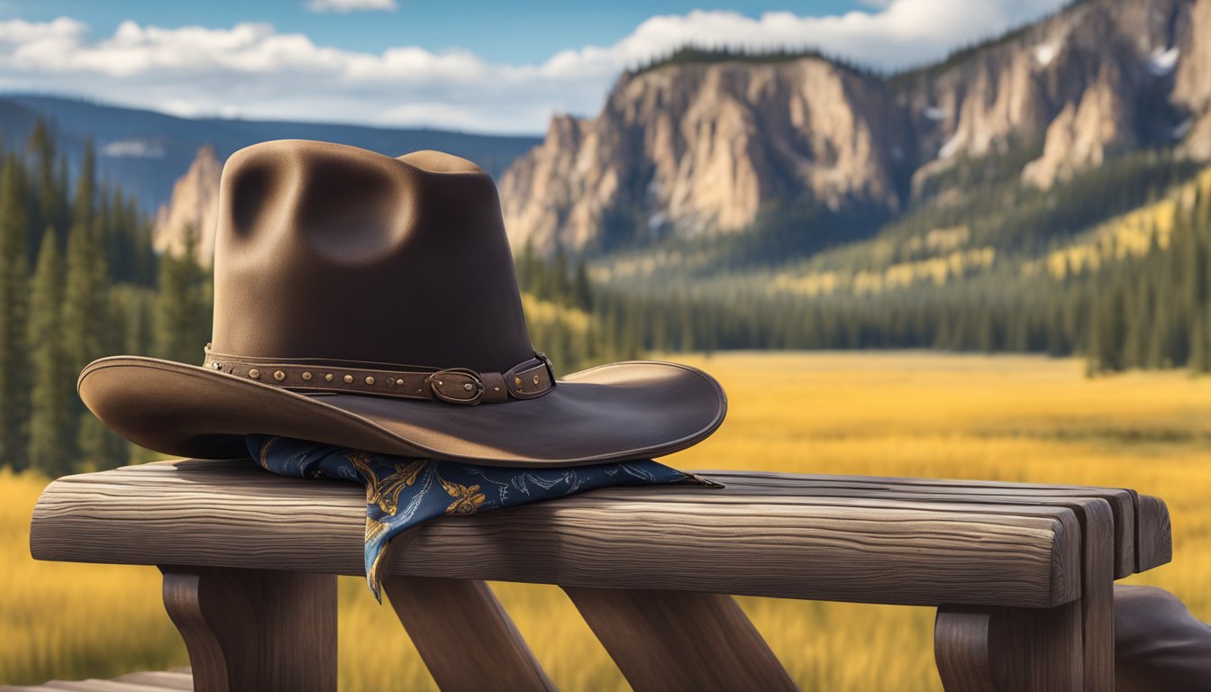 A close-up of a cowboy hat, bandana, and leather boots arranged on a wooden bench, with a backdrop of rugged, natural scenery in Yellowstone National Park