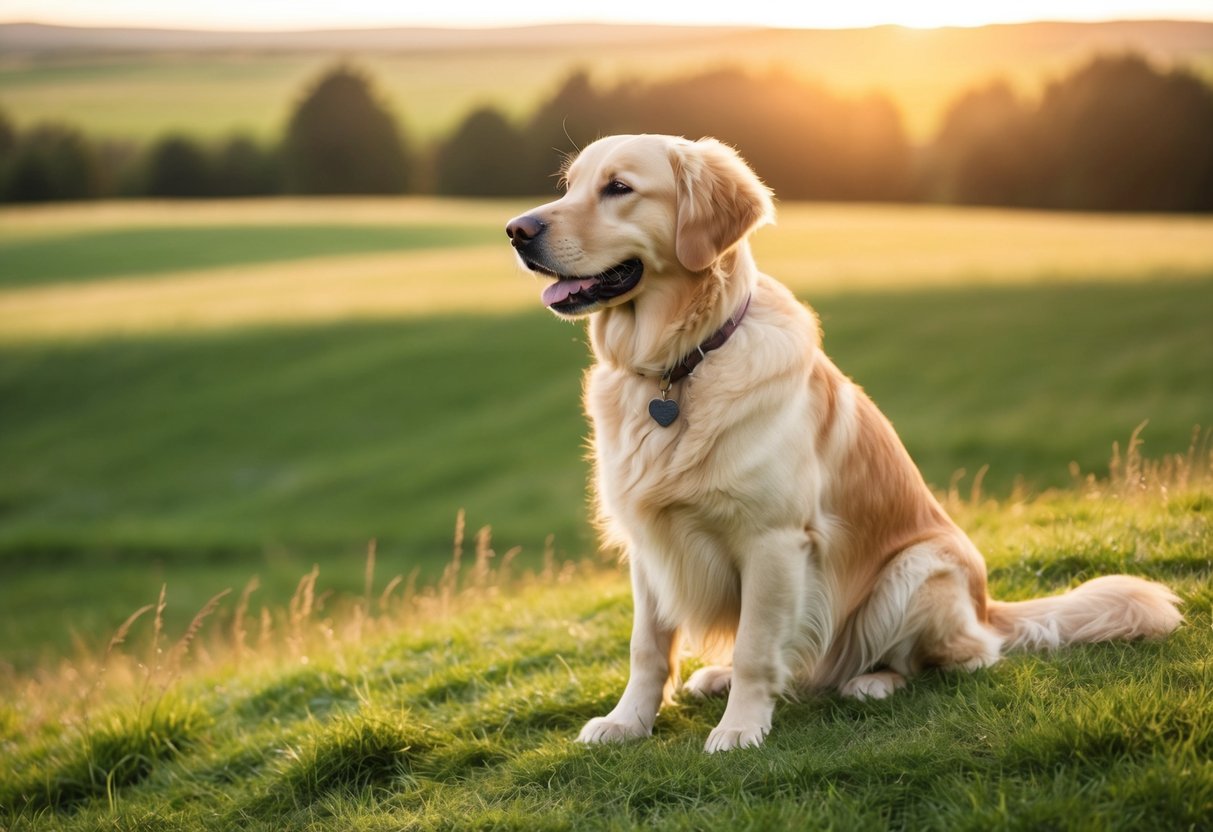 A golden retriever sits proudly on a grassy hill, wagging his tail as he looks out over a sunlit field