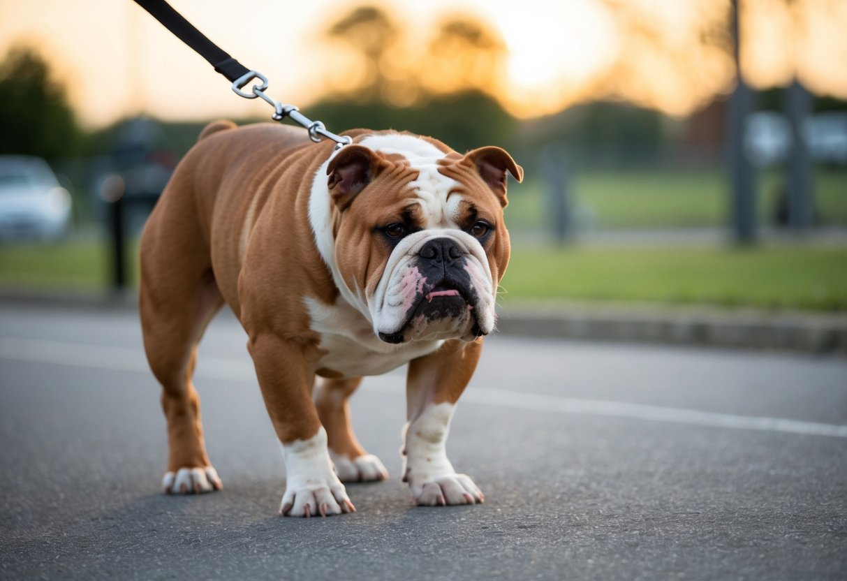 A stubborn bulldog ignores its trainer's commands, pulling on the leash with determination