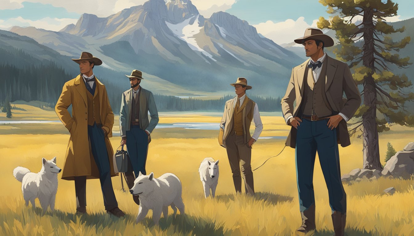 A group of characters in distinct attire stand against a backdrop of Yellowstone's natural beauty, showcasing the significance of fashion in the setting