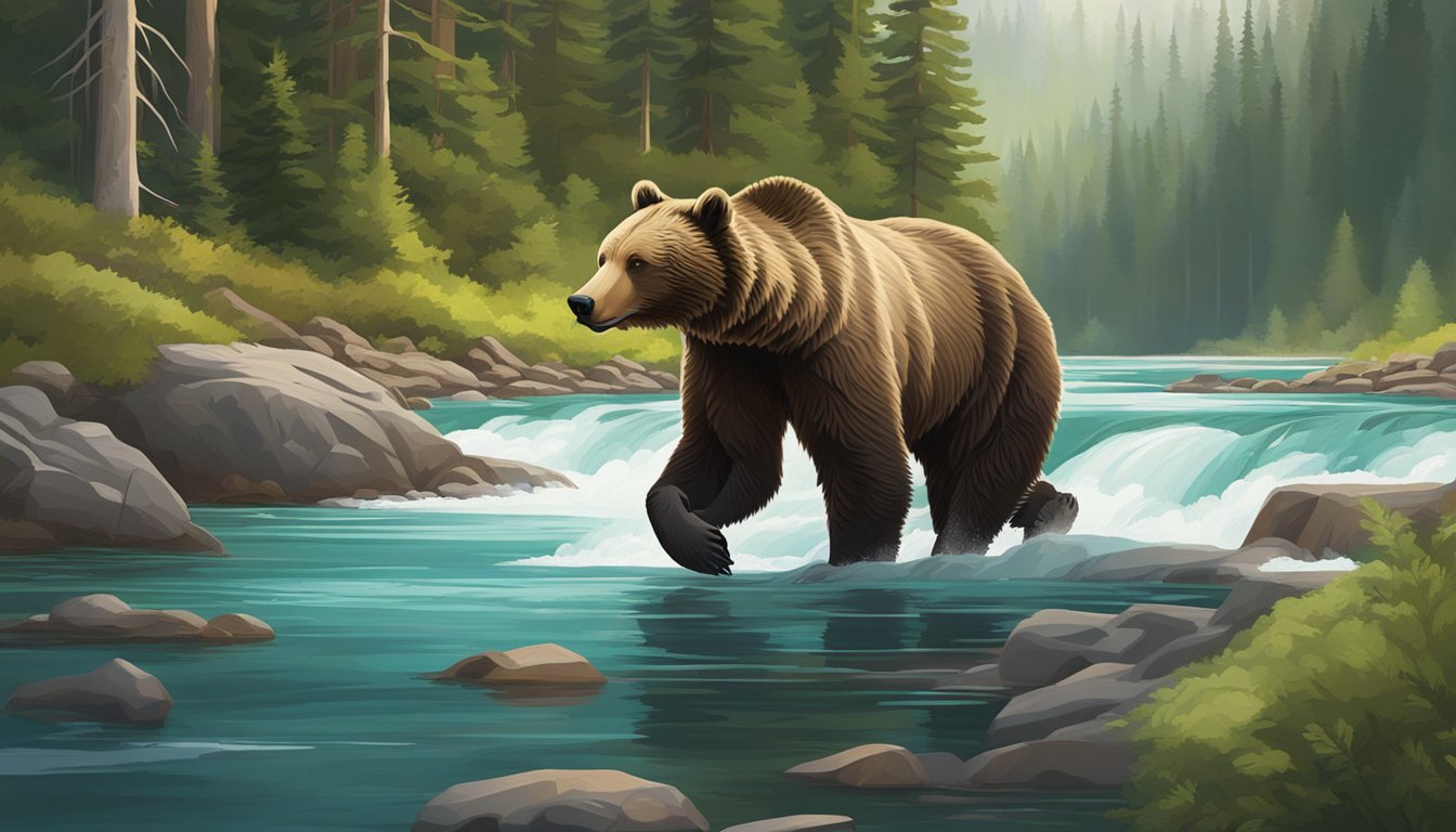 A majestic grizzly bear roams through a lush, green forest with towering pine trees and a crystal-clear river flowing in the background