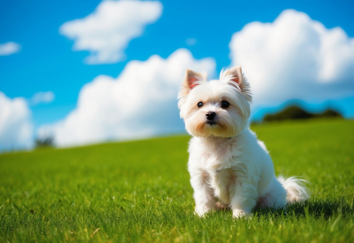 A tiny white fluffy dog sits on a green grassy field, with a bright blue sky and fluffy white clouds in the background