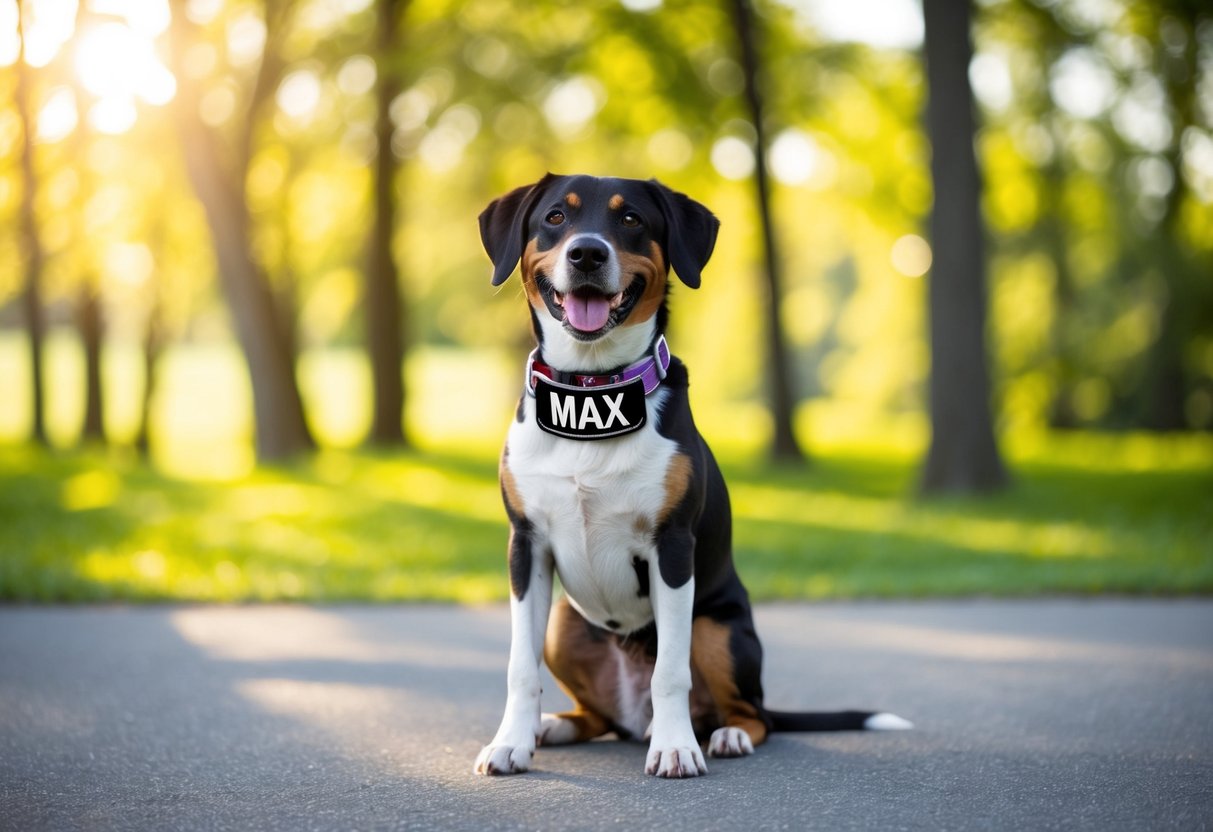 A happy dog standing proudly with a collar displaying the name "Max" in bold letters