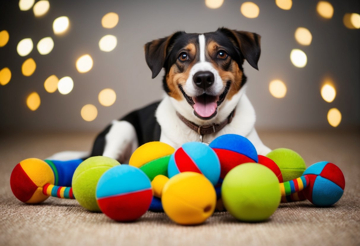 A smiling dog surrounded by colorful toys, with a playful expression as it responds to its name
