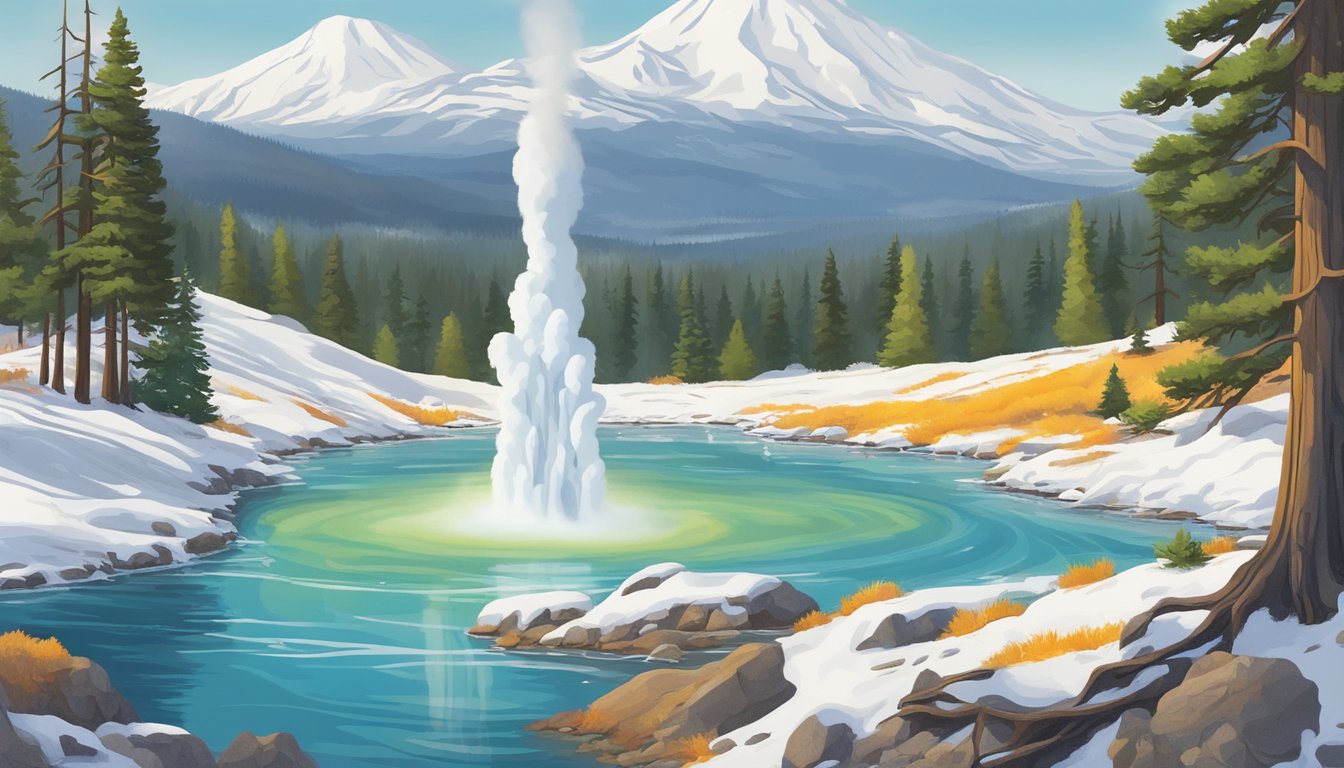 A bubbling geyser surrounded by colorful hot springs, framed by towering pine trees and snow-capped mountains in the distance