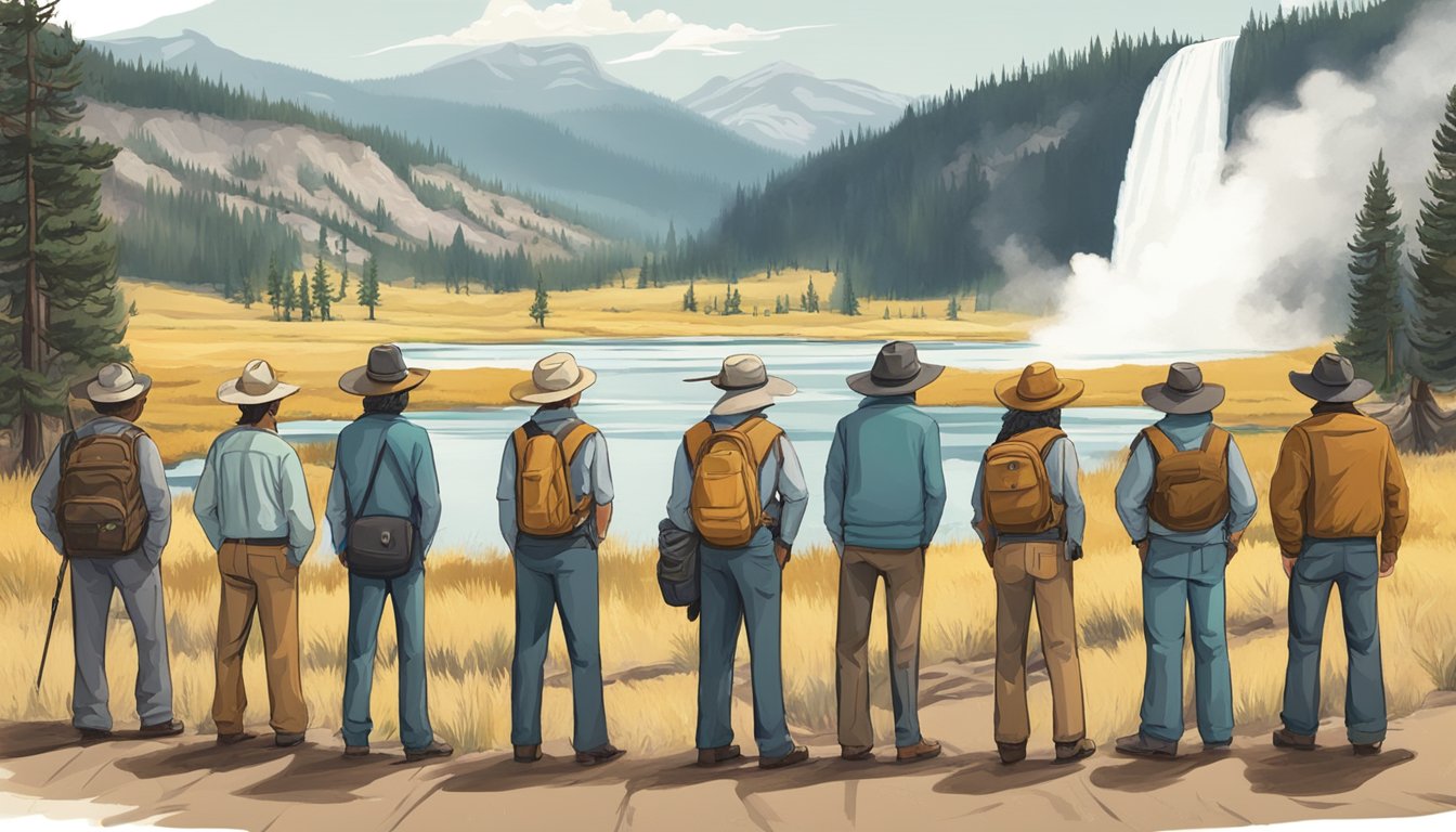 A group of characters in varied attire, reflecting different themes and narratives, stand against the picturesque backdrop of Yellowstone National Park