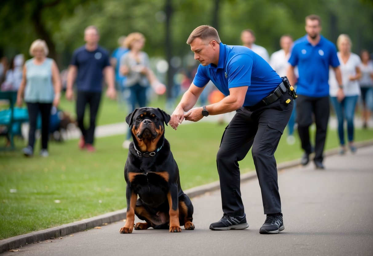 A determined trainer struggles to teach a stubborn, strong-willed Rottweiler to follow commands in a busy park