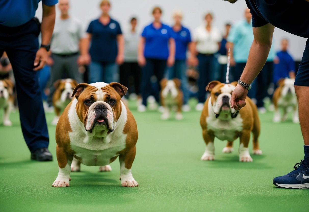 A stubborn bulldog ignores a trainer's commands in a crowded obedience class