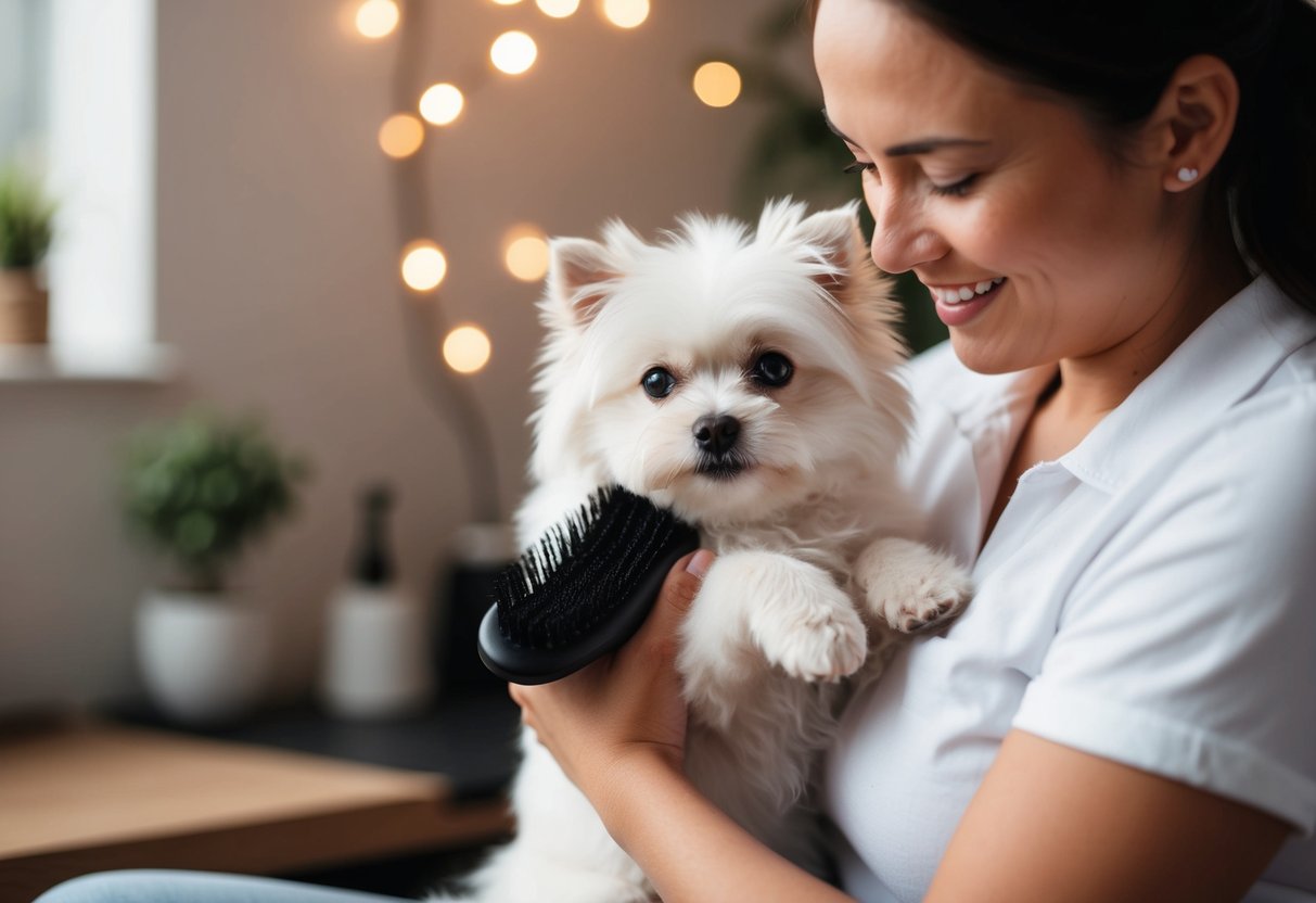 A tiny white fluffy dog being brushed and cuddled by its owner