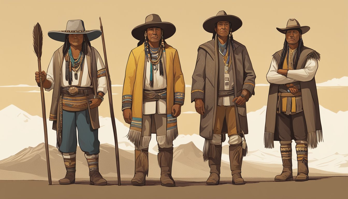 A group of characters in attire reflecting the natural colors and textures of Yellowstone's landscape, with elements of Native American and Western influence