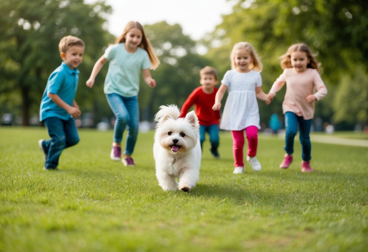 A tiny white fluffy dog playing with a group of children in a park