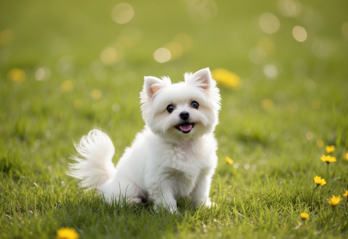 A tiny white fluffy dog sitting in a grassy field, looking up with bright eyes and a wagging tail