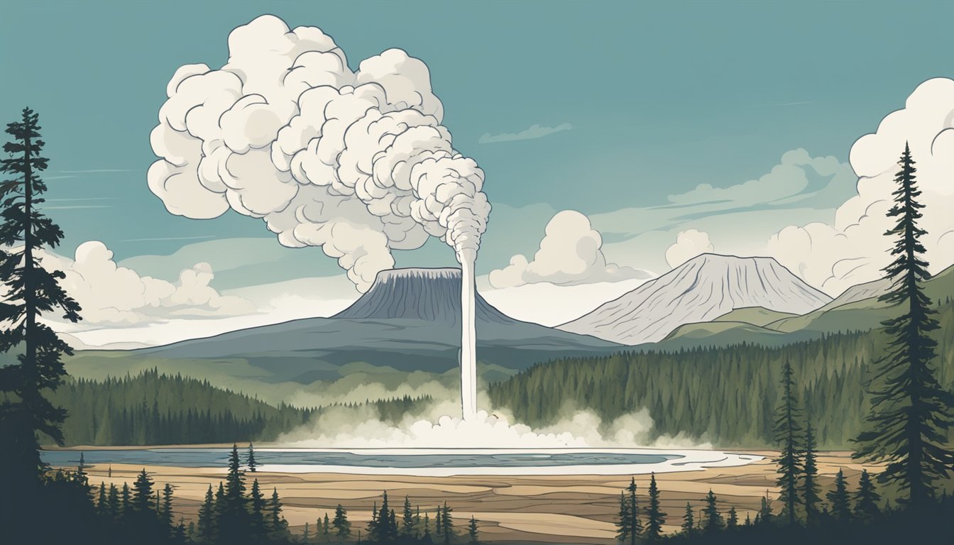 A majestic landscape of geysers, forests, and mountains, with wildlife roaming freely. The iconic Old Faithful geyser erupts in the distance