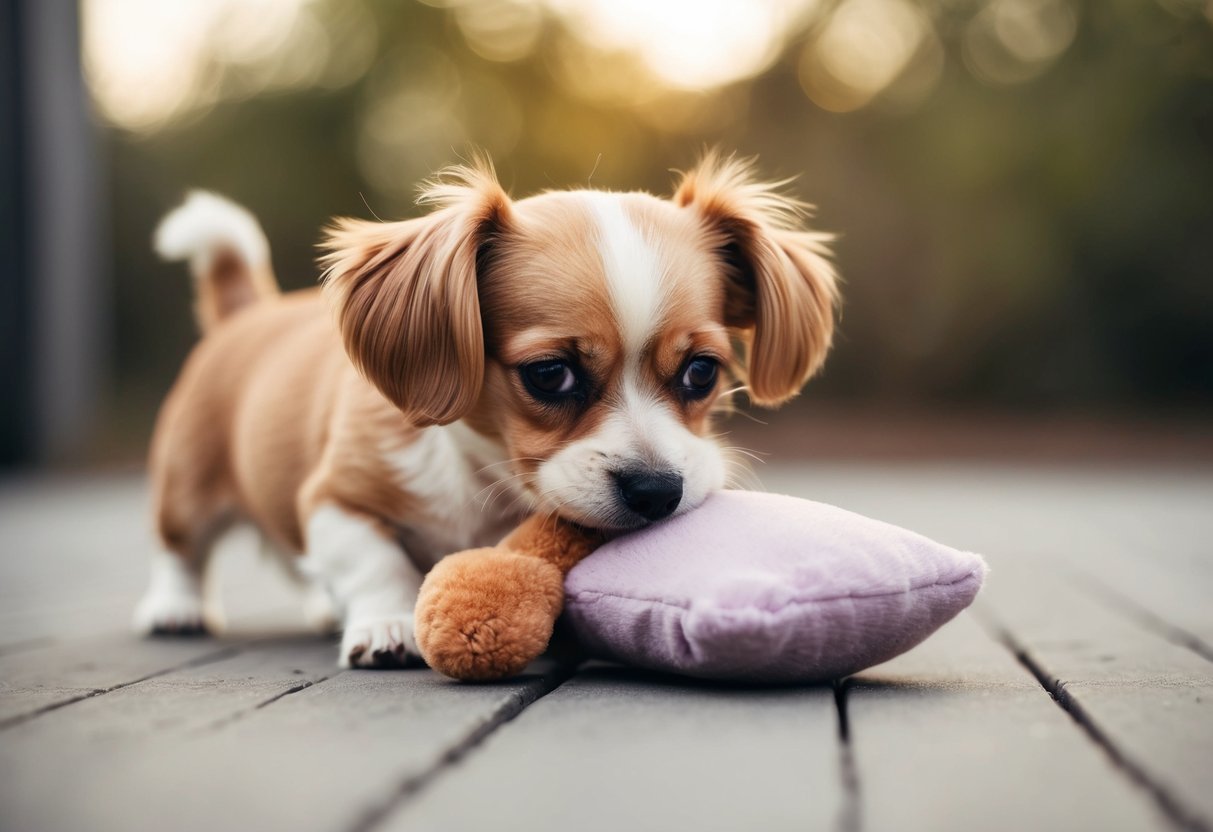 A small dog gently nibbles on a soft, plush toy