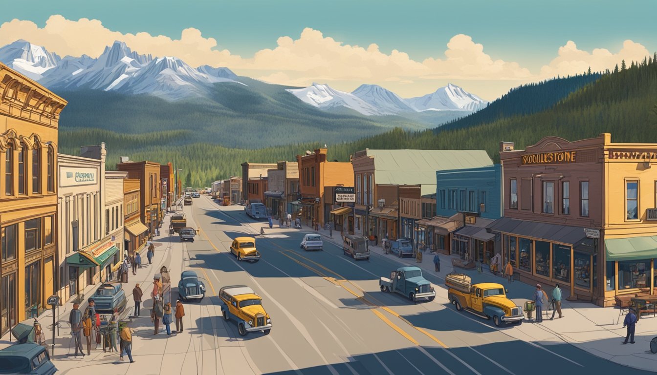 A bustling Montana town surrounded by picturesque mountains and rolling plains, with film crews and equipment scattered about capturing the cultural and economic impact of Yellowstone's filming locations