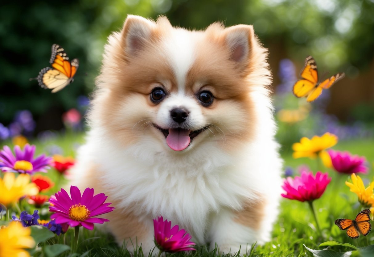 A fluffy Pomeranian puppy with big, round eyes and a tiny pink tongue, surrounded by colorful flowers and butterflies in a sunlit garden