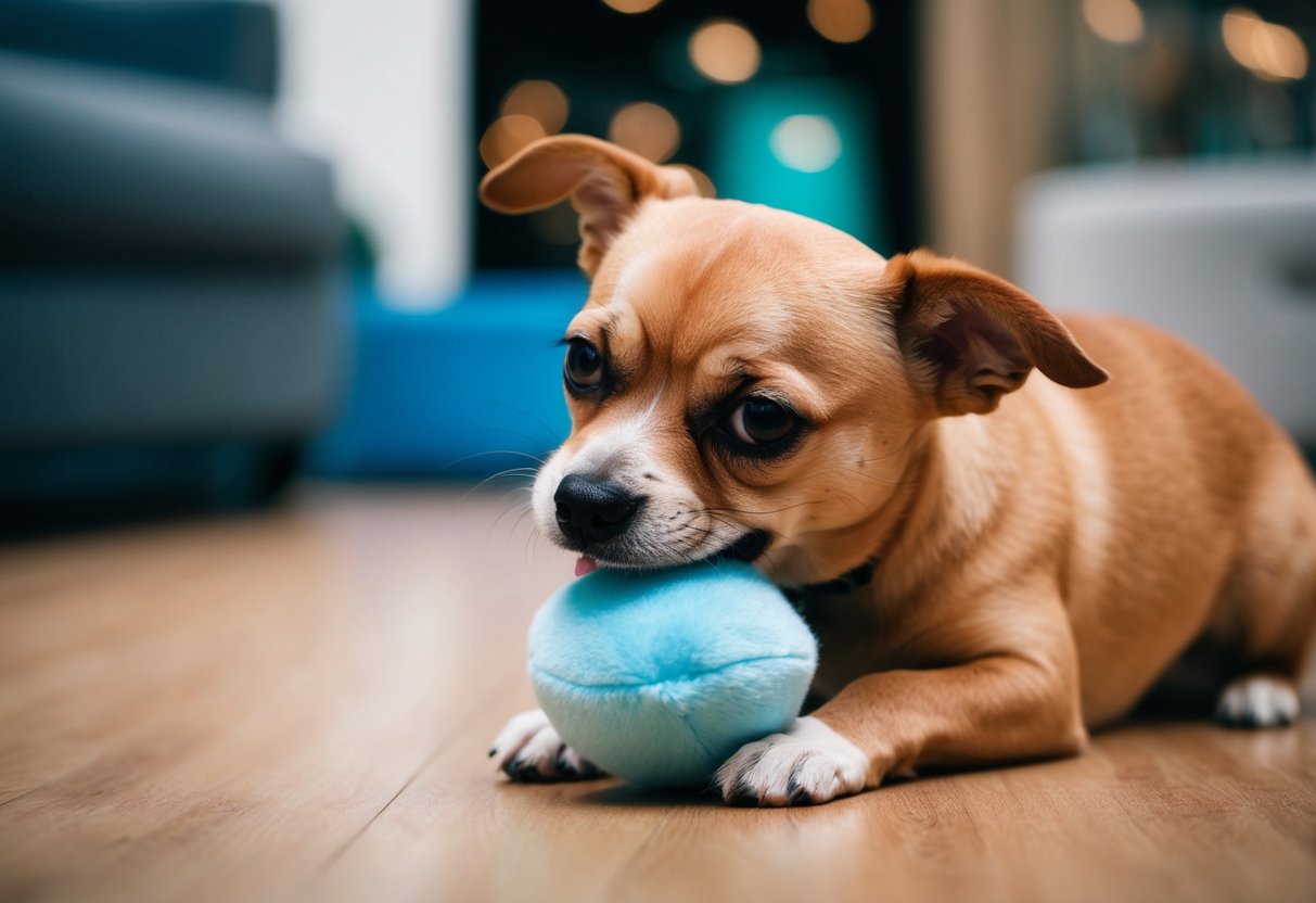 A small dog gently chewing on a soft toy