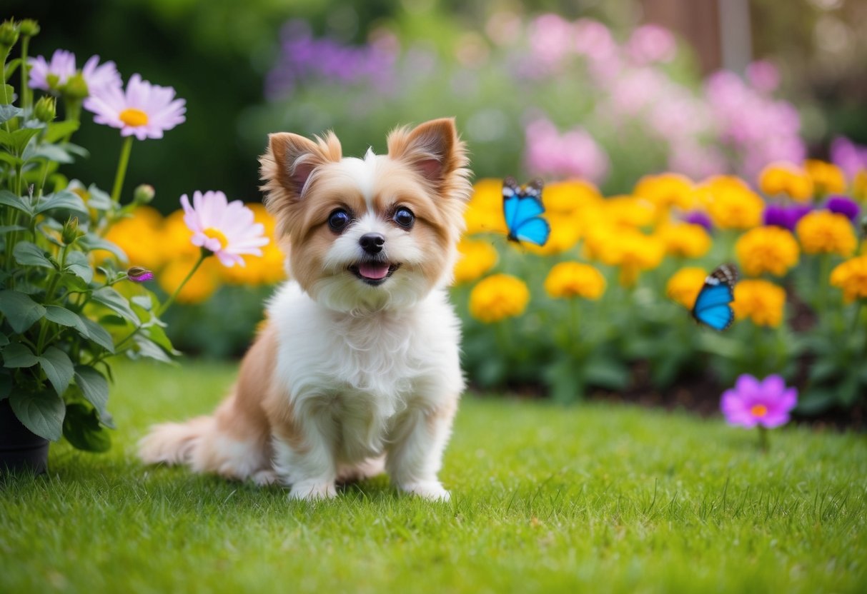 A small, fluffy rescue dog with big eyes and a wagging tail sits in a colorful garden, surrounded by blooming flowers and butterflies