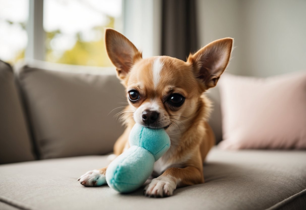 A Chihuahua gently biting a soft toy