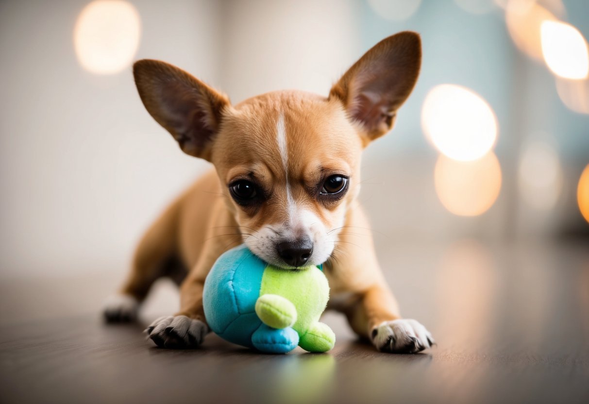 A small, timid dog gently nibbling on a soft toy