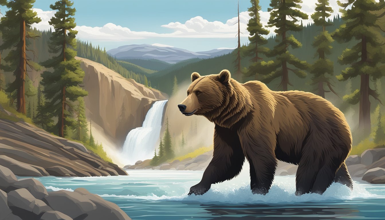 A grizzly bear fishing in a rushing river, surrounded by lush greenery and towering pine trees, with the iconic geysers and hot springs of Yellowstone in the background