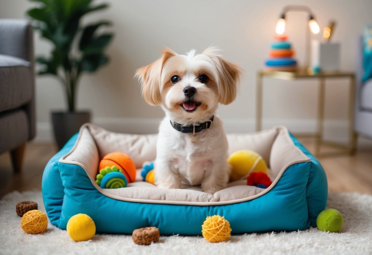 A fluffy, small dog sitting on a plush bed surrounded by toys and treats. The dog has a bright, happy expression and is wearing a stylish collar