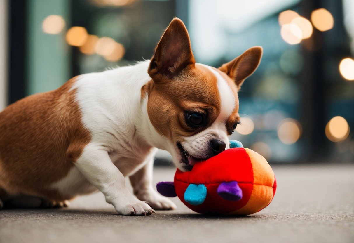 A small dog gently nibbles on a soft toy