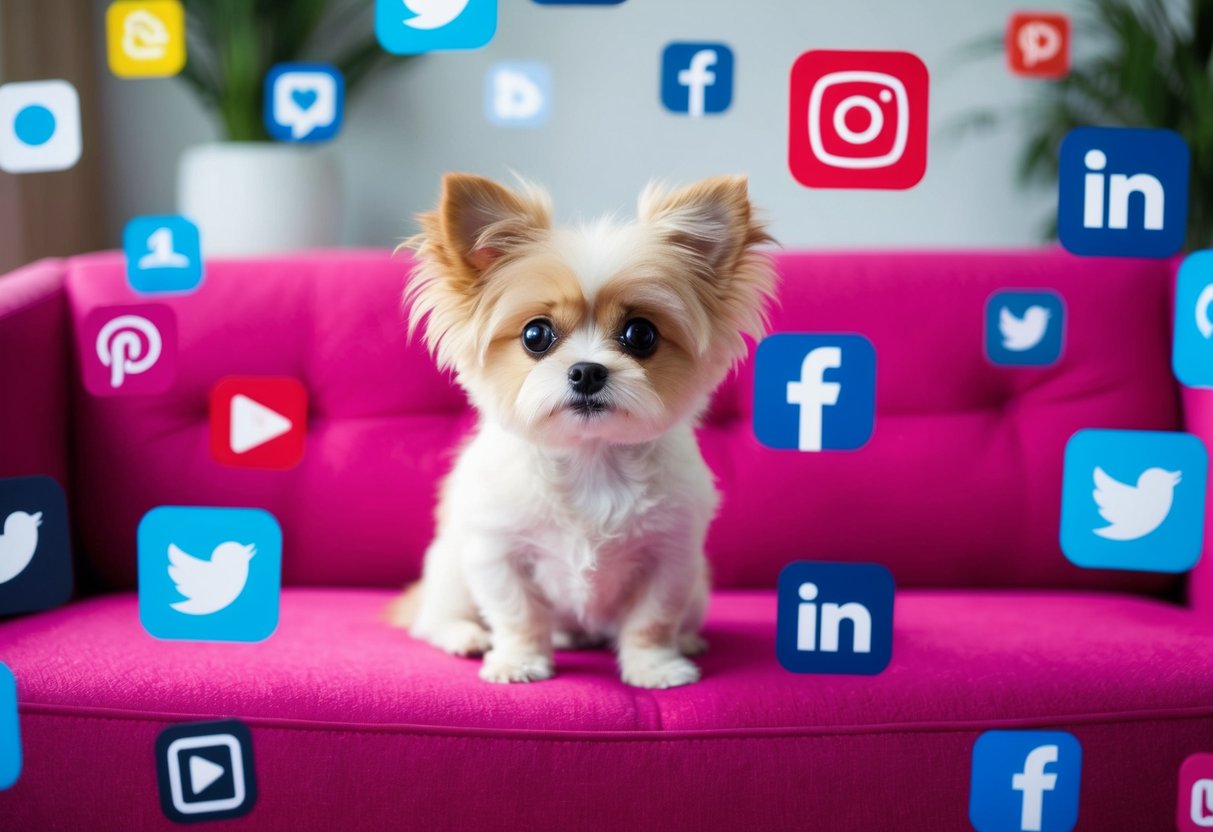 A fluffy, small dog with big, round eyes sits on a vibrant, modern couch surrounded by various social media icons and symbols