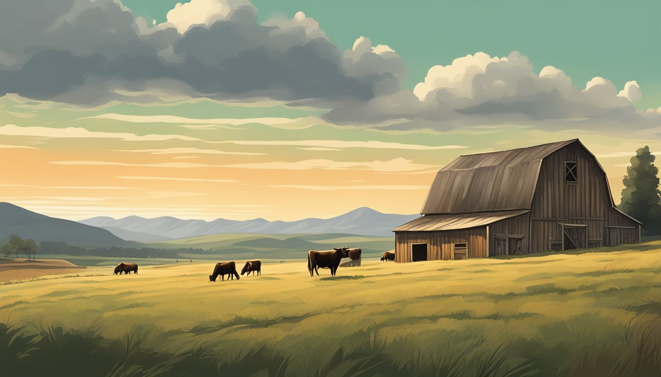 A picturesque ranch with grazing cattle, rolling hills, and a rustic barn under a big sky