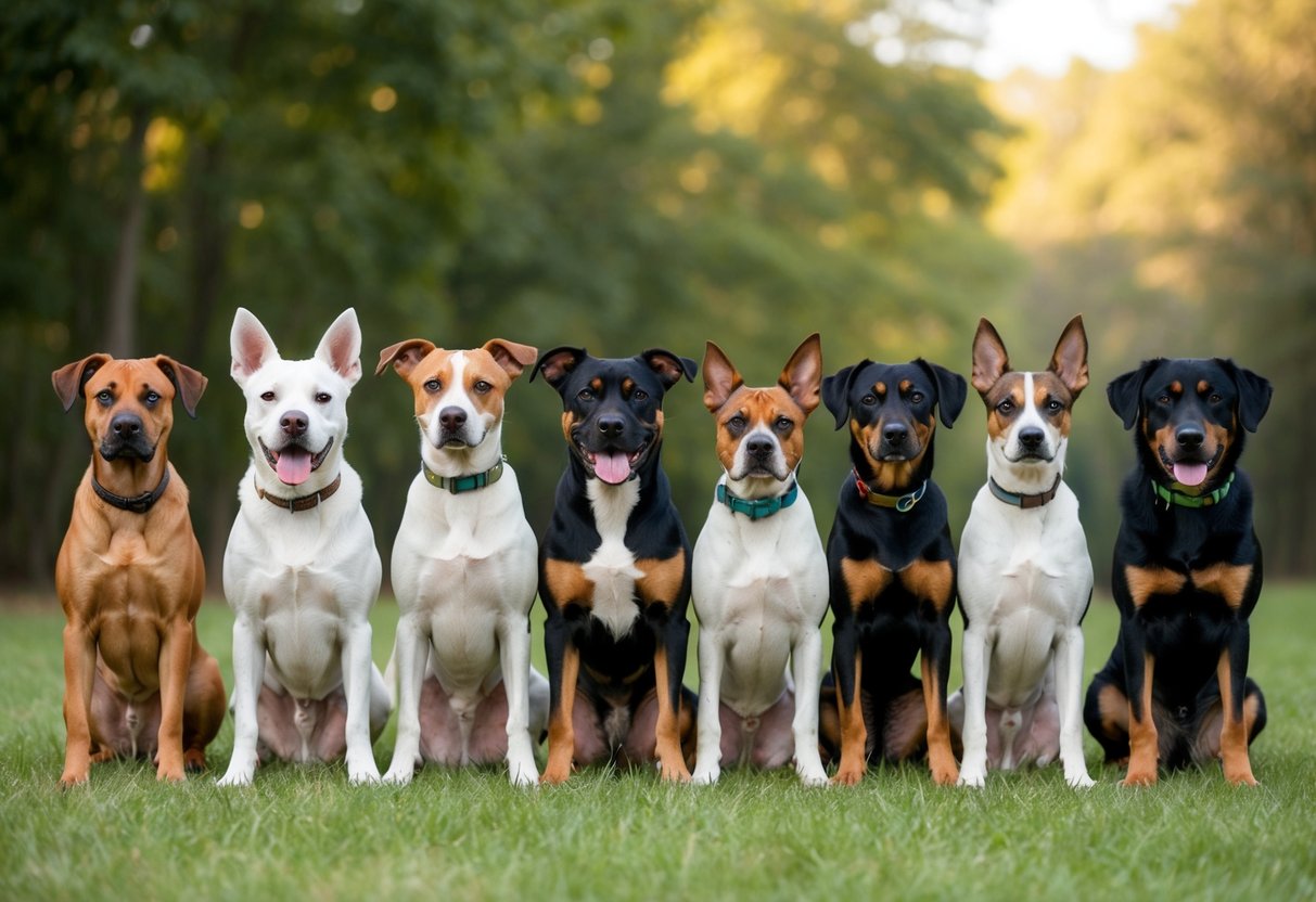 A group of 10 different dog breeds sitting together in a row, each displaying their unique characteristics and features
