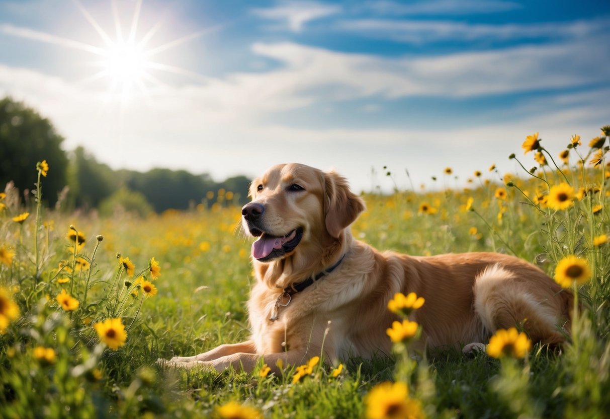 A golden retriever lying in a field of wildflowers, with a gentle breeze blowing and a bright sun shining overhead