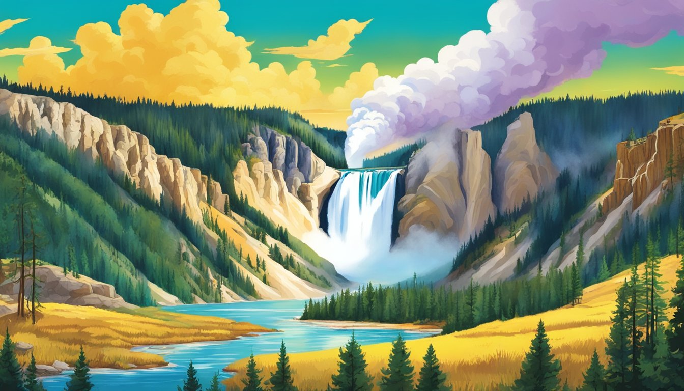 A vibrant illustration of Yellowstone National Park with wildlife, geysers, and lush landscapes contrasted with a theatrical stage set depicting the popular show about the park