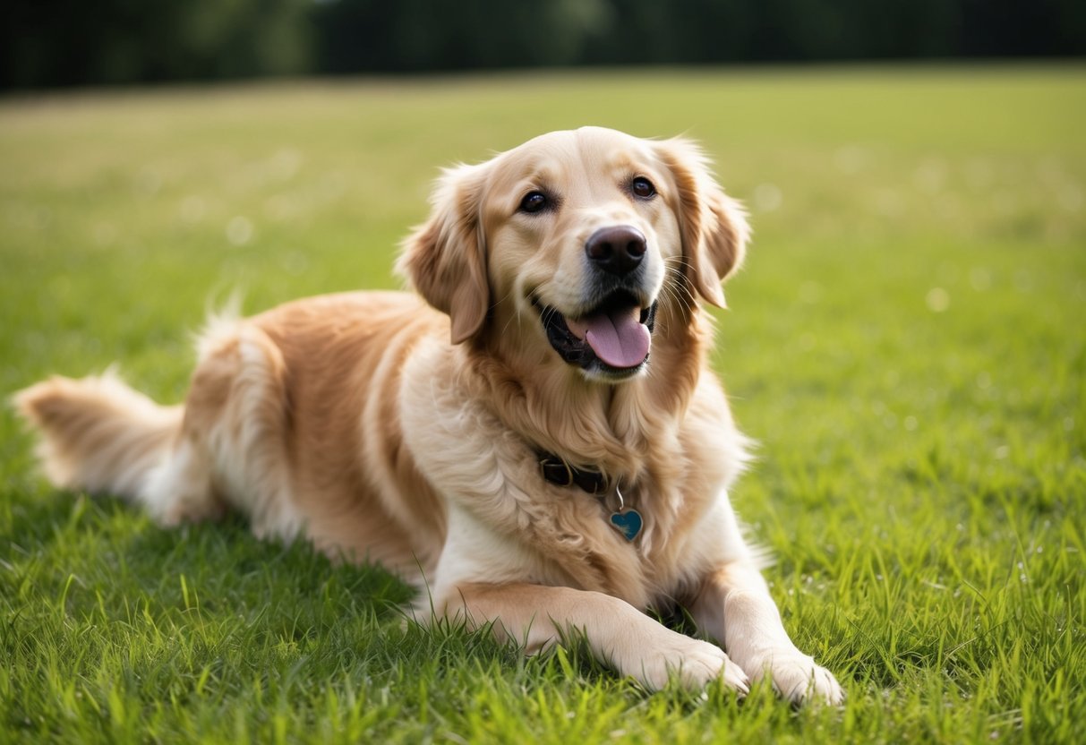 A golden retriever lying on a grassy field, wagging its tail and looking up with a friendly expression