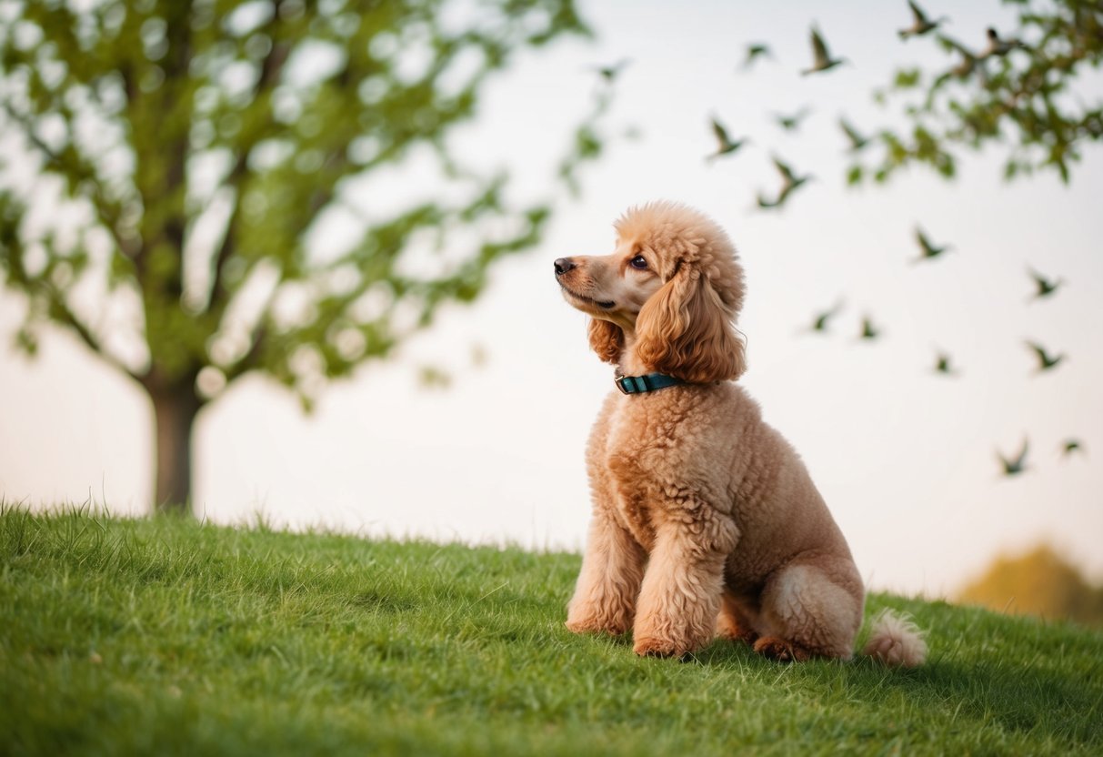 A small, fluffy poodle sits on a green grassy hill, looking up at a tree full of chirping birds