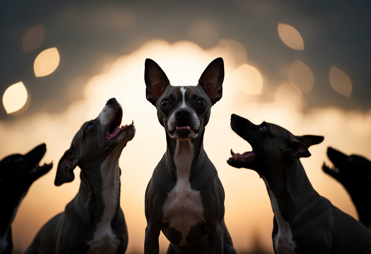 A silhouette of a small, hairless dog with a closed mouth and raised ears, surrounded by other barking dogs