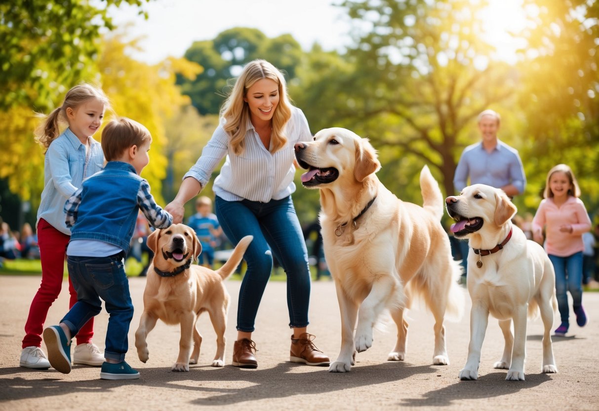 A golden retriever and a Labrador retriever playfully interact with children in a sunny park, surrounded by smiling families and other friendly dogs