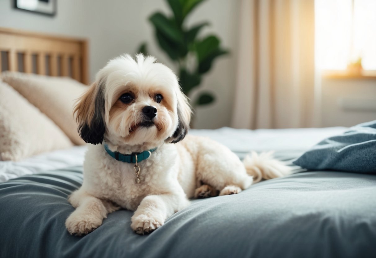 A small, fluffy Bichon Frise dog sitting quietly on a cozy bed, looking up at its owner with attentive eyes