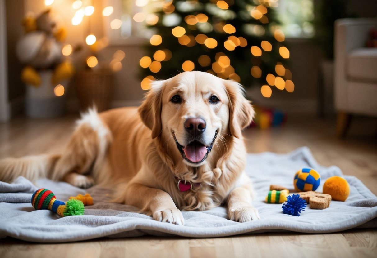 A golden retriever lying on a soft blanket, surrounded by toys and treats, with a gentle smile and wagging tail