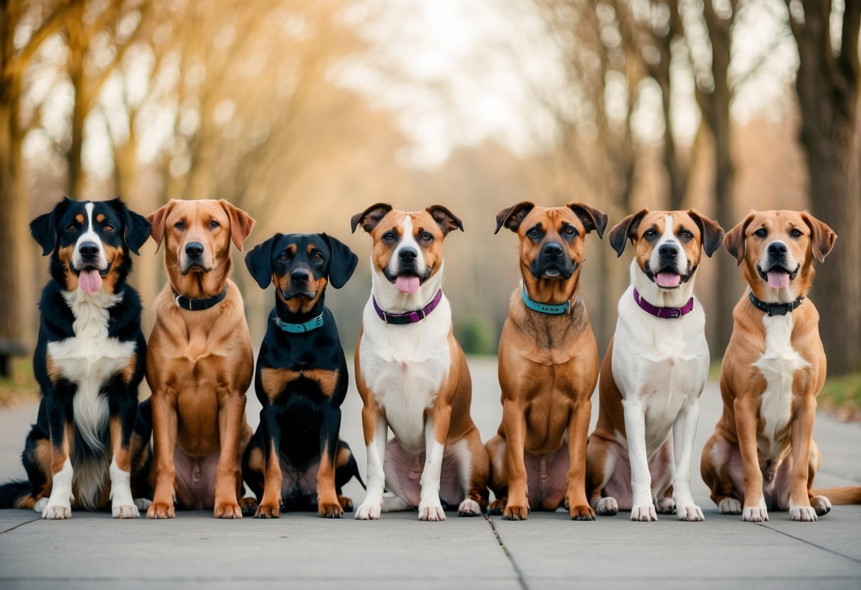A group of ten different dog breeds, each displaying intelligence, sit in a row with attentive expressions